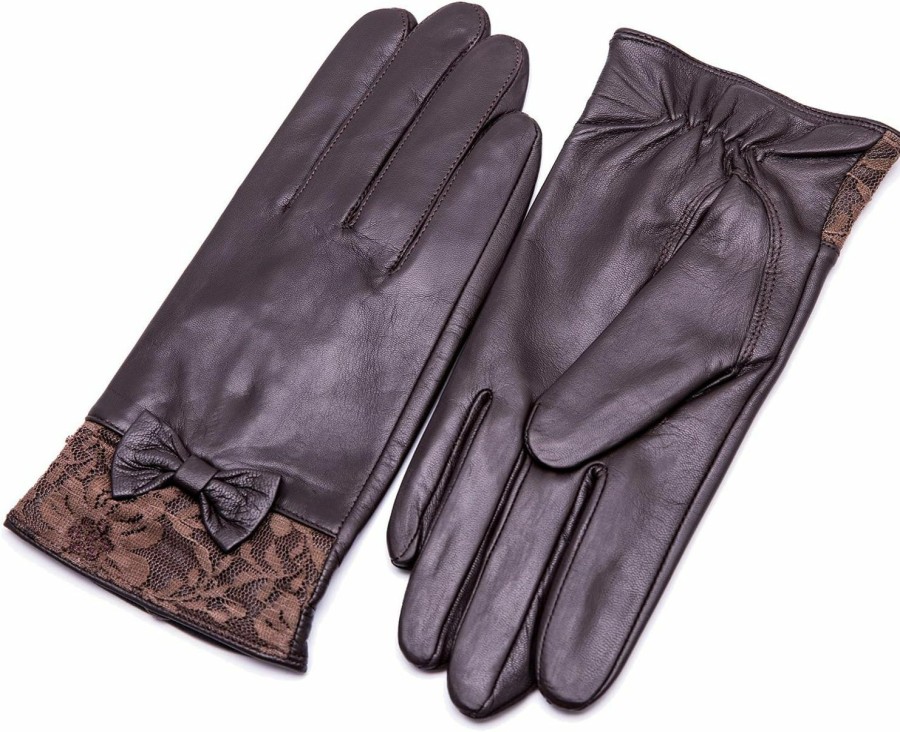 YISEVEN Yiseven Women'S Sheepskin Winter Driving Genuine Leather Gloves Lace Bow Best