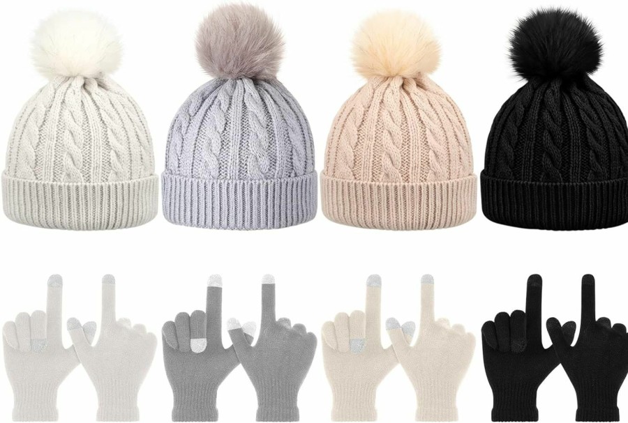 Tarpop Tarpop 8 Pcs Winter Beanie Hat Glove Set Soft Warm Hat Winter Gloves Knitted Hat With Pom Pom Knit Gloves For Women Girls (White, Beige, Gray, Black) Best