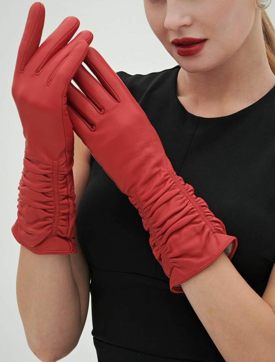 YISEVEN Yiseven Women'S Mid Length Long Leather Gloves Touchscreen With Wrinkled Design Best