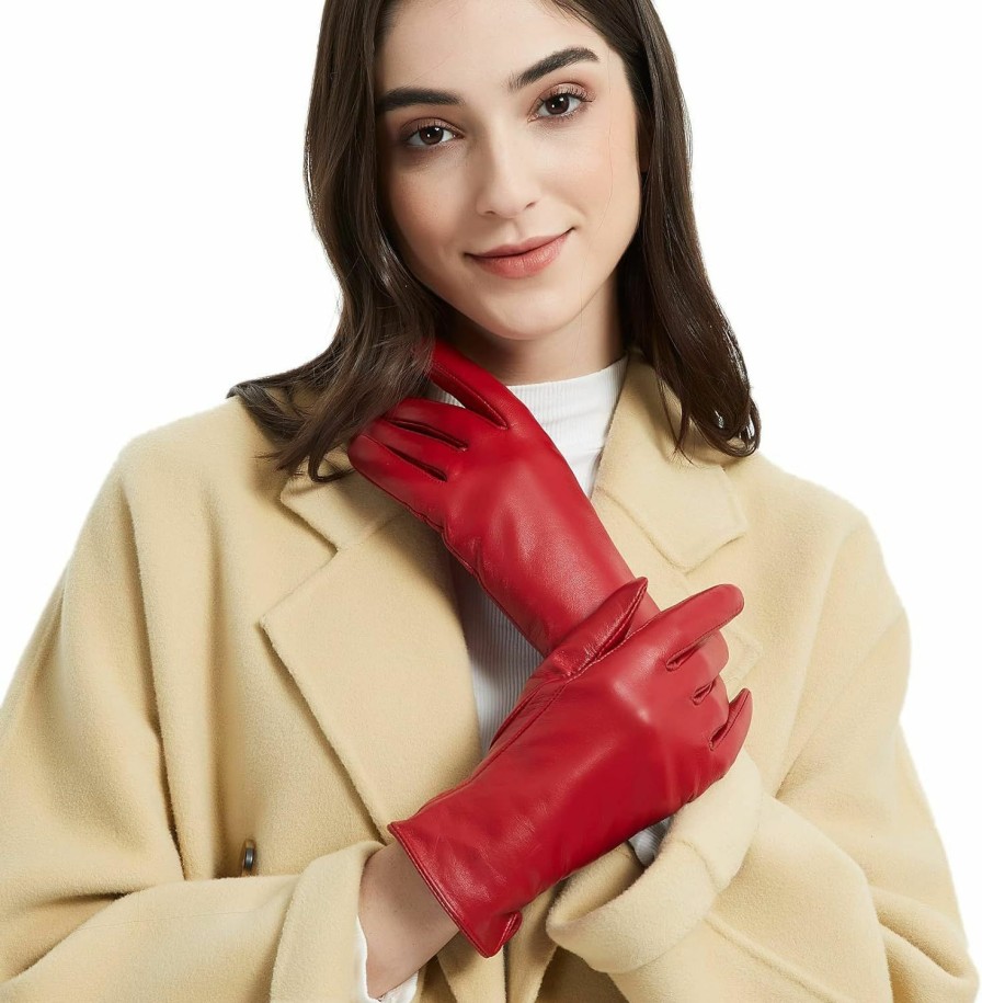 NOVBJECT Leather Gloves For Women Winter Full Touch Screen Genuine Leather Warm Cashmere Knitted Lining Clearance