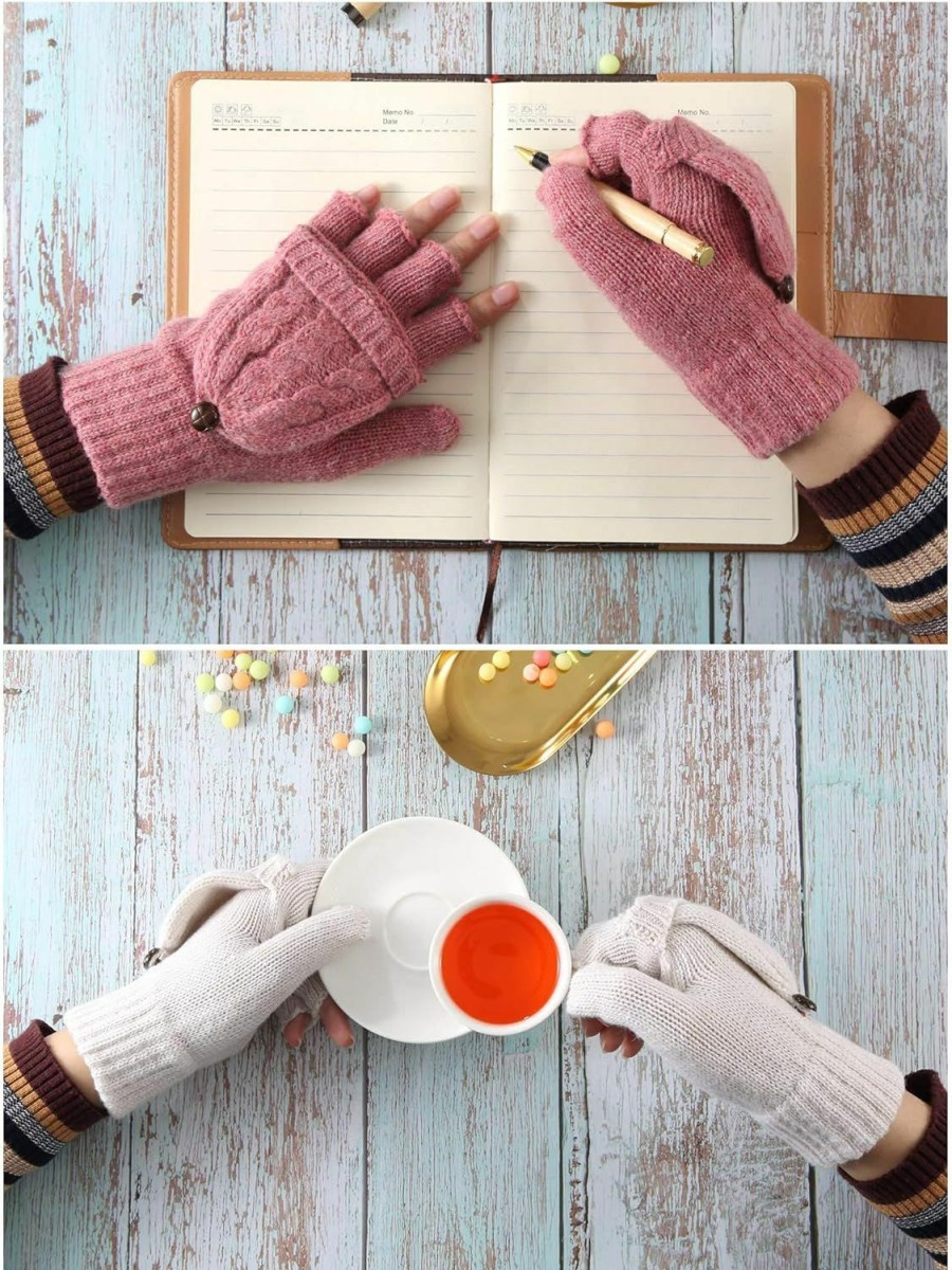 Tatuo Tatuo 2 Pairs Women Fingerless Mittens Winter Convertible Gloves Knitted Half Finger Gloves With Cover Clearance