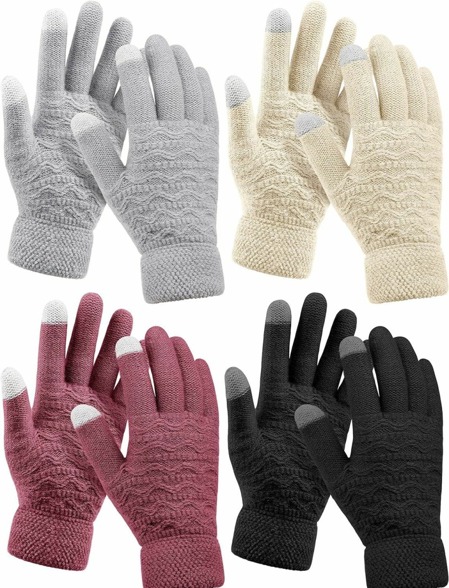 KUTTOR Kuttor 4 Pairs Women Winter Plush Knit Gloves Knit Warm Wool Fleece Plush Touch Screen Gloves With Jacquard Design Wholesale