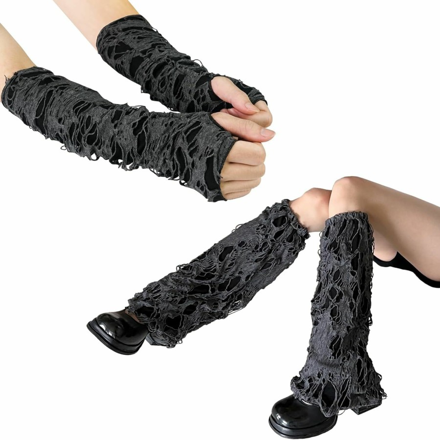 Luwint Luwint Punk Fingerless Long Gloves & Shabby Leg Warmer Ripped Gothic Arm Leg Sleeves Torn Punk Clothing Costume Accessories New