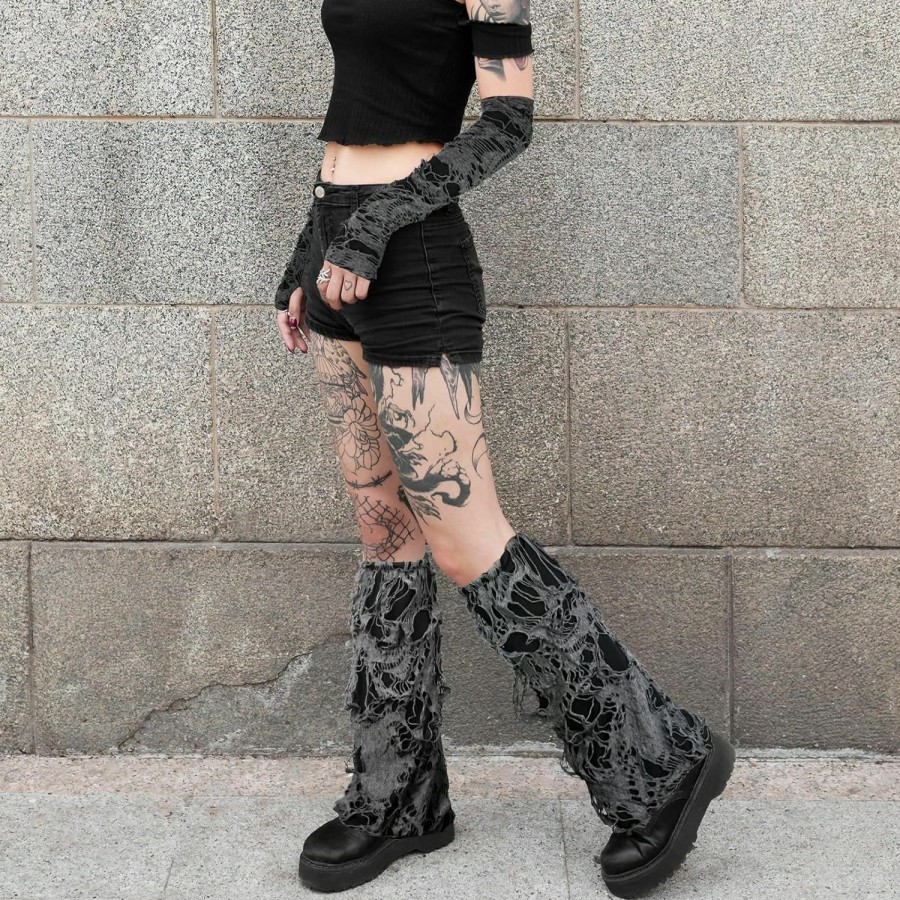 Luwint Luwint Punk Fingerless Long Gloves & Shabby Leg Warmer Ripped Gothic Arm Leg Sleeves Torn Punk Clothing Costume Accessories New