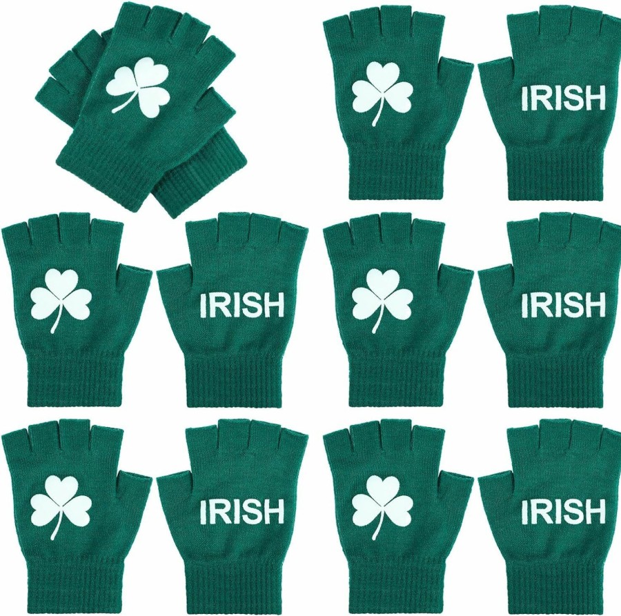 Suhine 6 Pairs St Patrick'S Day Running Gloves Bulk Green Irish Fingerless Gloves Cotton Shamrock Gloves For Men Women St Patrick'S Day Accessories Clearance