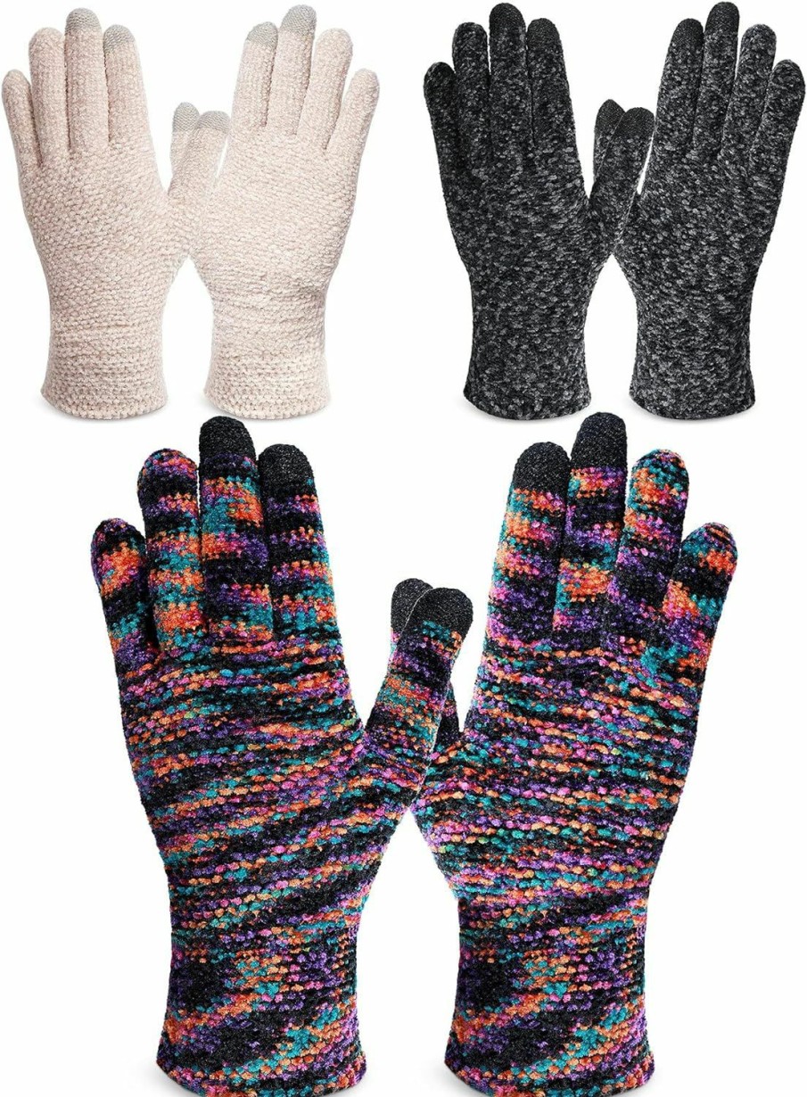 SATINIOR Satinior 3 Pairs Women Winter Gloves Warm Touchscreen Gloves Chenille Cable Knit Gloves Texting Elastic Cuff Thermal Gloves Hot