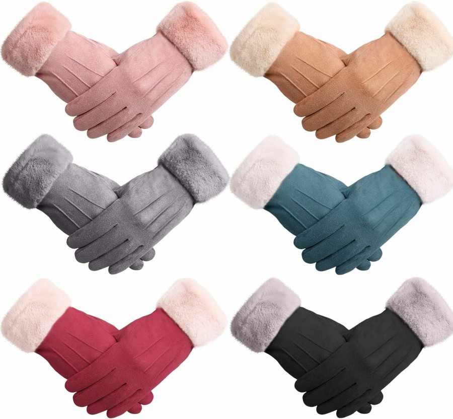 JaGely Jagely 6 Pairs Gloves For Women Cold Weather Suede Gloves Winter Fleece Warm Driving Gloves Soft Texting Windproof Gloves Touchscreen Gloves Thermal Elastic Mittens,6 Colors Clearance