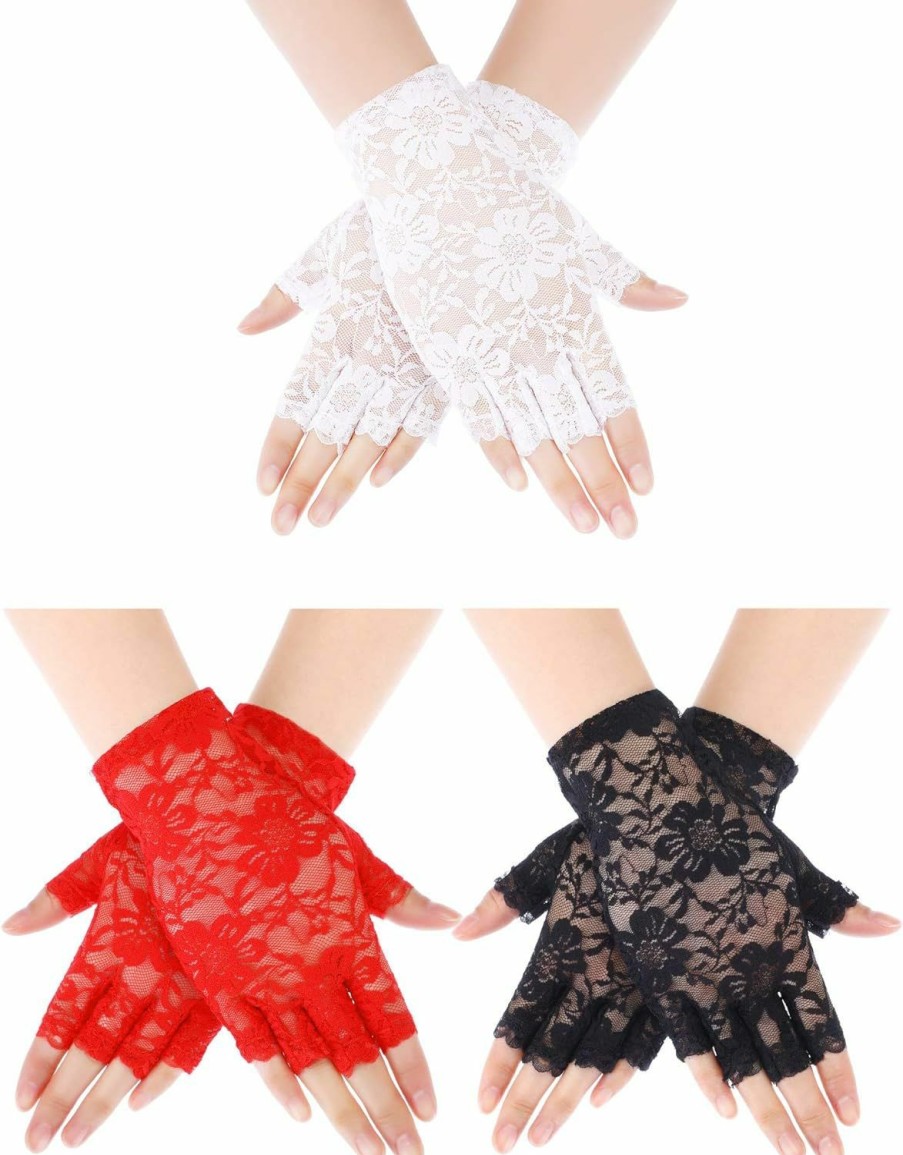 Skylety 3 Pairs Women Lace Gloves Floral Lace Gloves Sun Protection Lace Gloves Dressy Gloves For Wedding Dinner Parties (Classic Style) Wholesale