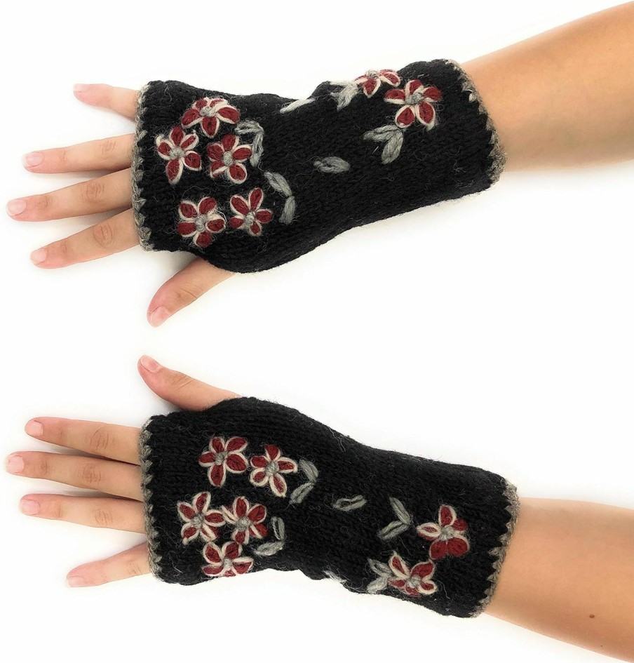 Ella Sussman Ella Sussman Hand Knit Fingerless Embroidered Flower Winter Wool Texting Gloves Mittens Warm Fleece Lined Clearance