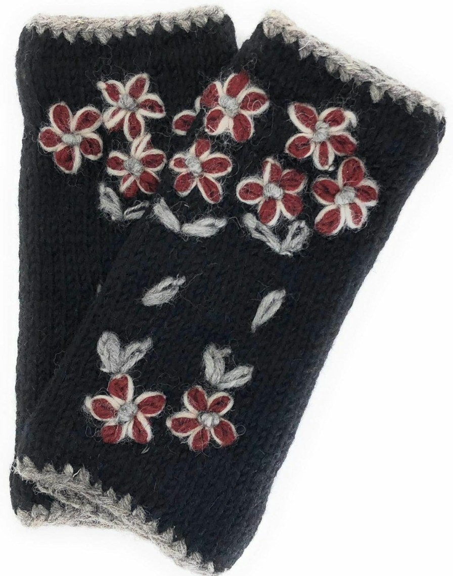 Ella Sussman Ella Sussman Hand Knit Fingerless Embroidered Flower Winter Wool Texting Gloves Mittens Warm Fleece Lined Clearance