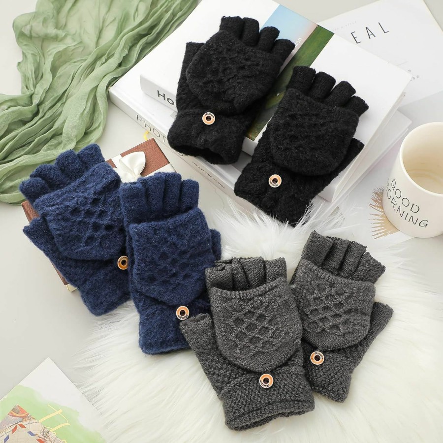 Newcotte Newcotte 3 Pairs Uni Knitted Convertible Fingerless Gloves Winter Flap Cover Convertible Gloves Warm Mittens For Women Men Clearance