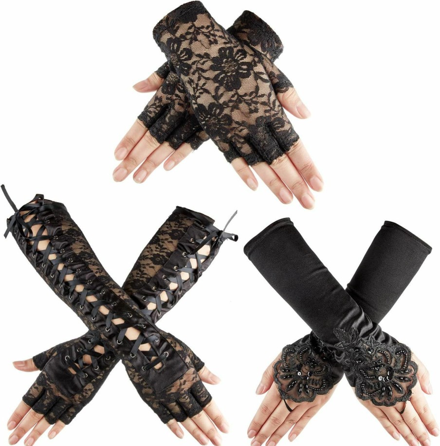 SATINIOR Satinior 3 Pairs Women Gothic Gloves Black Lace Fingerless Gloves Bridal Wedding Gloves Tea Party Decor Costume Accessories Wholesale