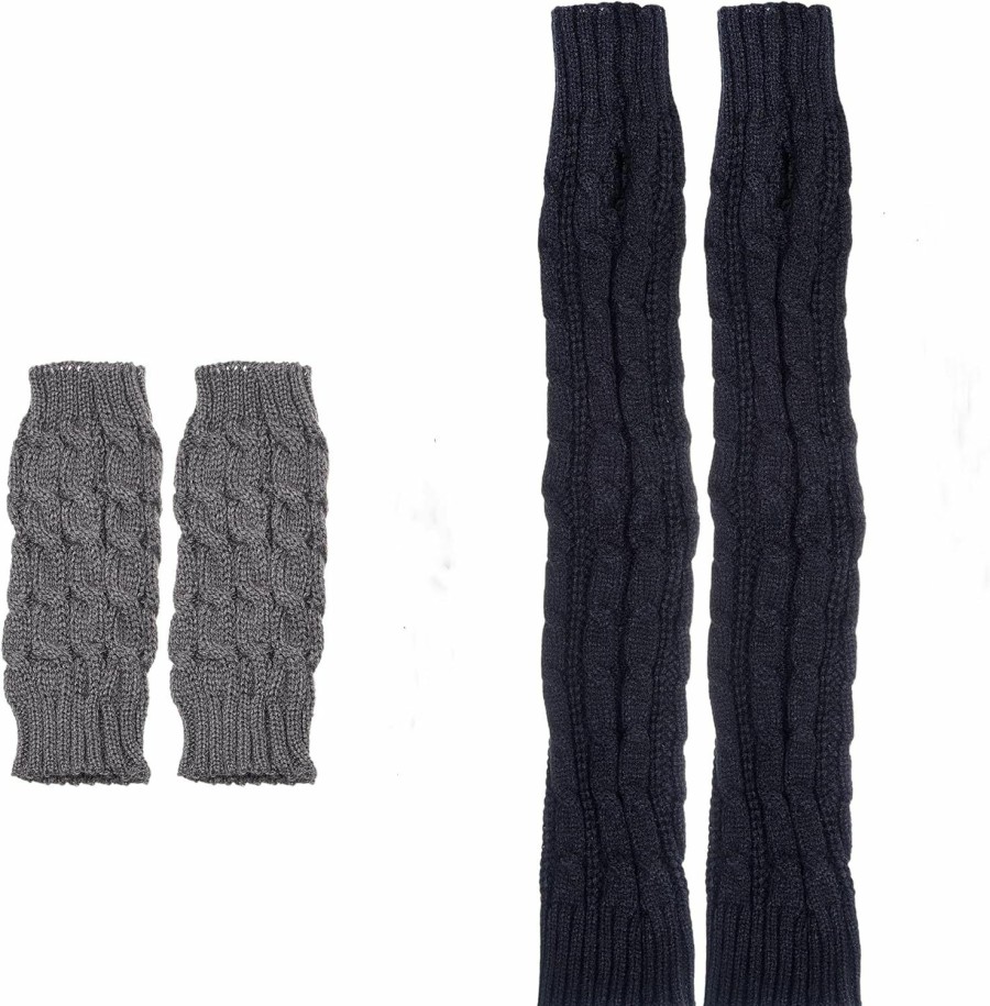 Eco-Fused Eco-Fused 2 Pairs Arm Warmers - Knitted Fingerless Gloves With Thumbholes - Suitable For Women Teens - Indoor Outdoor Use - Short And Long Pairs (Black And Grey) New