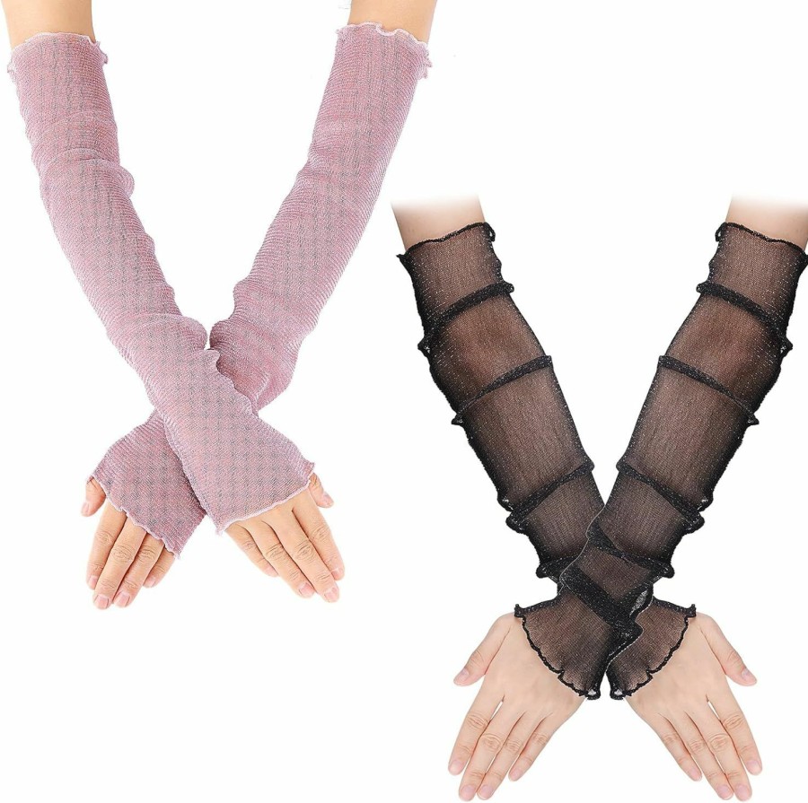 Yolev 2Pairs Women'S Long Ultra-Thin Lace Arm Sleeves Cooling Mesh Tulle Sunscreen Fingerless Arm Sleeves For Outdoor Activity New