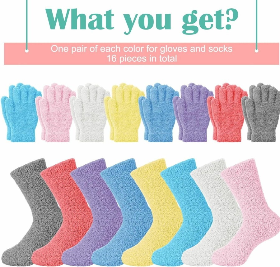 Toulite Toulite 16 Pairs Fluffy Gloves And Socks Set For Women Girls Fuzzy Slipper Socks Fluffy Cozy Gloves Soft Gloves Socks Bulk For Cozy Supplies Gift, 8 Colors Wholesale