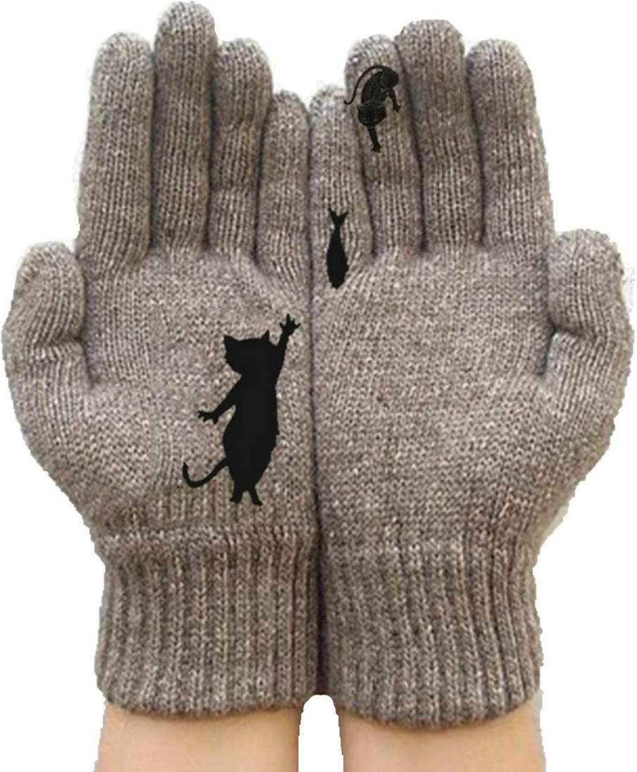 Caviotess Cute Cat And Fish Winter Knit Thermal Gloves, Windproof Warm Mittens Glove For Women Men Teens Clearance