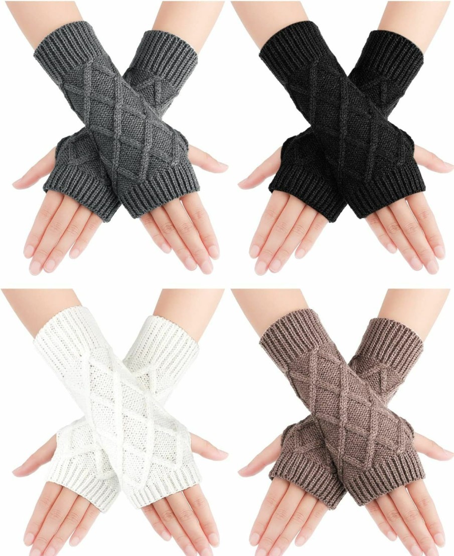 Newcotte Newcotte 4 Pairs Fingerless Warm Gloves Rhombus Half Warm Gloves Women Knit Fingerless Driving Gloves Arm Warmers Mittens With Thumb Hole For Winter, 4 Colors Clearance