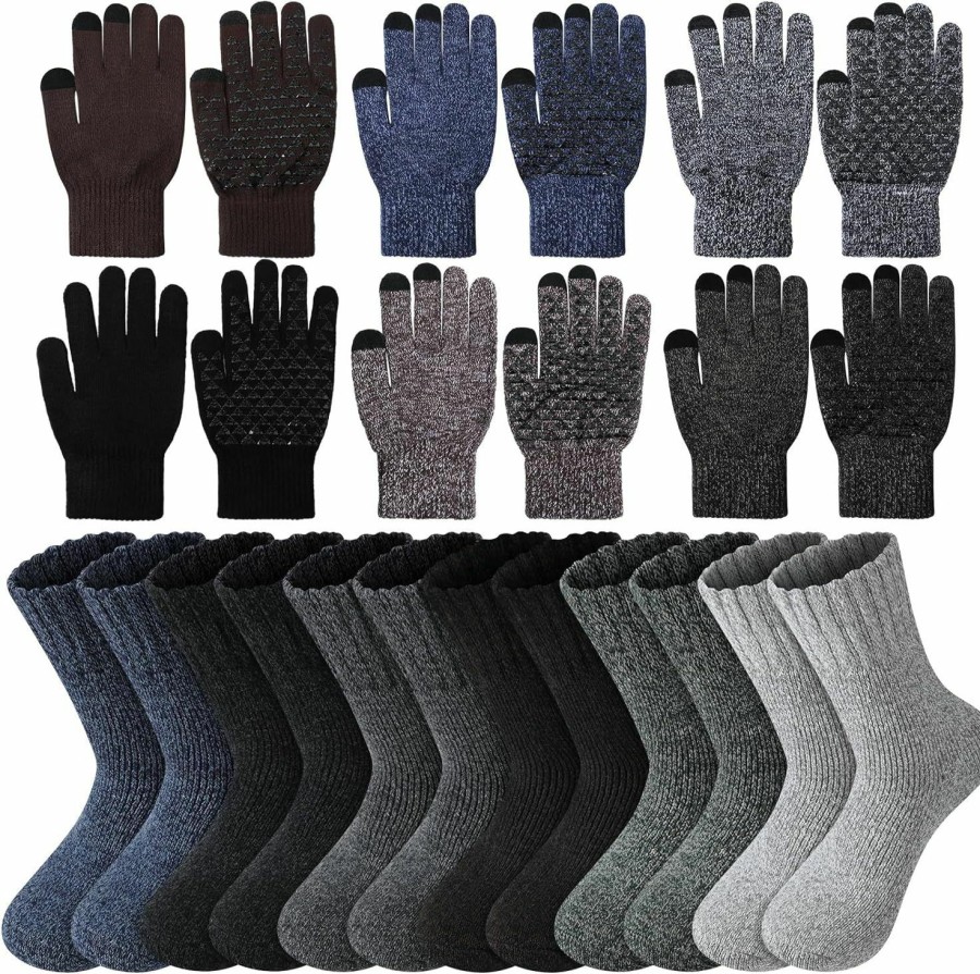 Suhine Suhine 12 Pairs Winter Wool Socks And Winter Gloves Set For Men Women Include 6 Pairs Boot Socks Thick Socks 6 Pairs Touchscreen Gloves Knit Gloves Bulk For Cold Weather Gift Supplies Wholesale