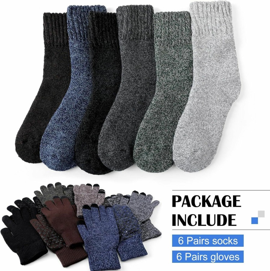 Suhine Suhine 12 Pairs Winter Wool Socks And Winter Gloves Set For Men Women Include 6 Pairs Boot Socks Thick Socks 6 Pairs Touchscreen Gloves Knit Gloves Bulk For Cold Weather Gift Supplies Wholesale