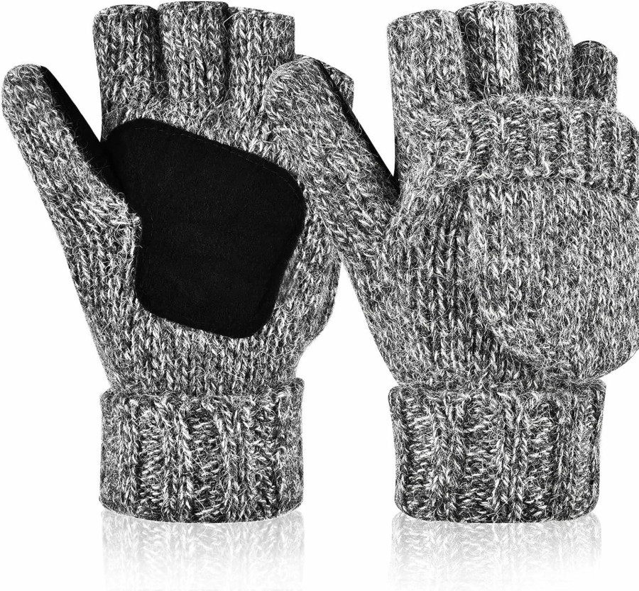 OOPOR Oopor Winter Knit Warm Fingerless Gloves - Cold Weather Wool Sport Running Bike Thermal Black Flip Top Mittens Men Women New