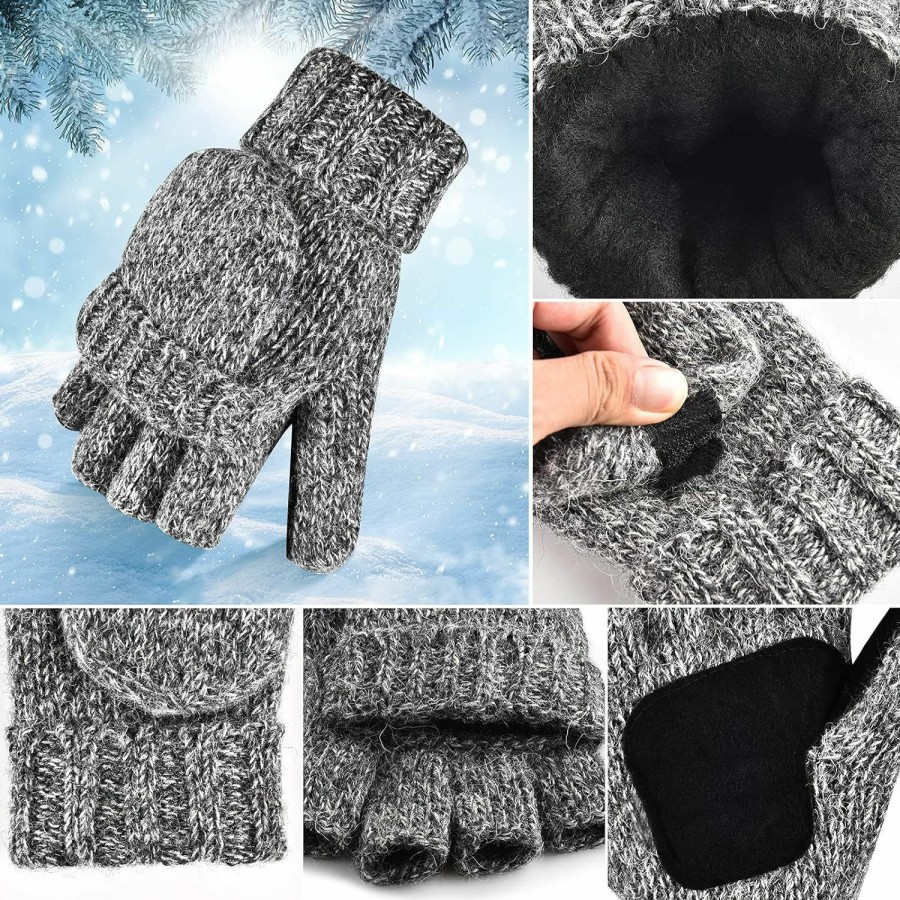 OOPOR Oopor Winter Knit Warm Fingerless Gloves - Cold Weather Wool Sport Running Bike Thermal Black Flip Top Mittens Men Women New