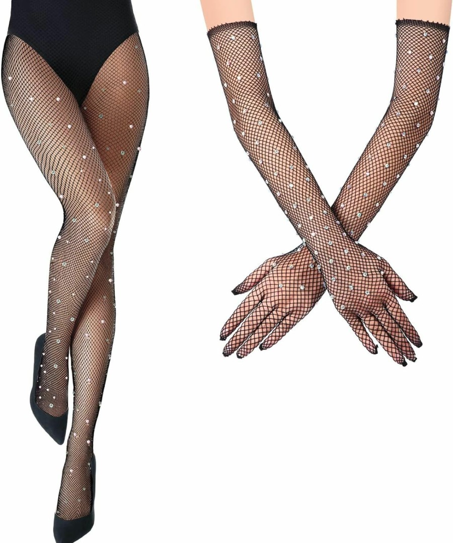 SATINIOR Satinior Rhinestone Fishnets Mesh Stockings With Glitter Gloves Black Fishnet Gloves Rhinestone Gloves For Women Girls (Cute Style) New