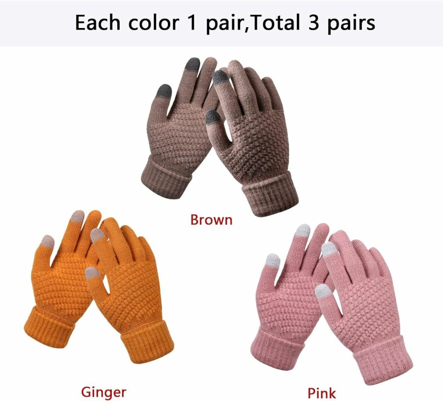 Generic 3 Pairs Women Girls Winter Touch Screen Gloves For Cold Weather,Warm Knitt Gloves With Elastic Cuffs Winter Texting Gloves Wholesale