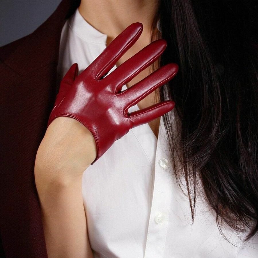 QIN-FE Qinfe Women Long Gloves Faux Leather Pu Lambskin Sheepskin Dark Red Burgendy Evening Opera Gloves Driving Gloves Clearance