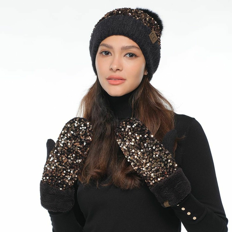 C.C C.C Sequin Mittens For Women - Stretchable Soft Warm Cold Weather Winter Gloves Clearance