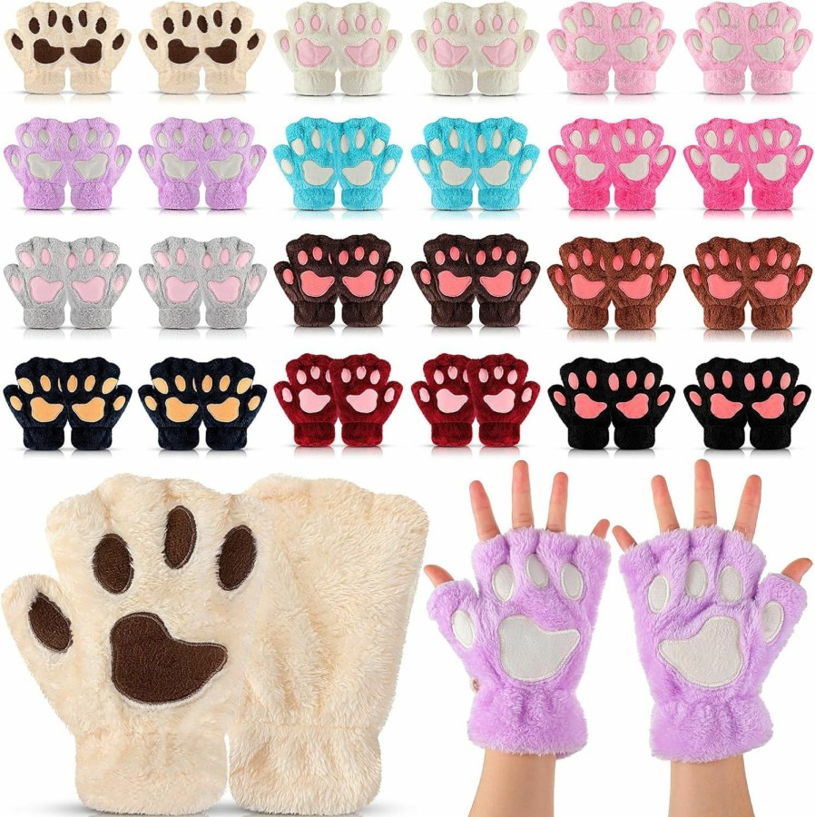 Cutecrop Cutecrop 24 Pairs Kawaii Cat Paw Gloves Bulk Winter Plush Cat Fingerless Gloves Faux Fur Half Finger Animal Paw Gloves With Lanyard For Girls Women Cosplay Christmas Gloves Gifts Online