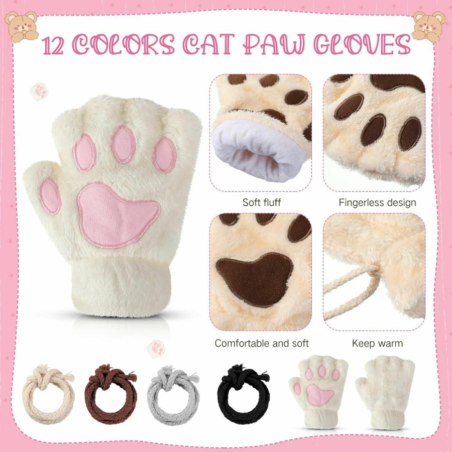 Cutecrop Cutecrop 24 Pairs Kawaii Cat Paw Gloves Bulk Winter Plush Cat Fingerless Gloves Faux Fur Half Finger Animal Paw Gloves With Lanyard For Girls Women Cosplay Christmas Gloves Gifts Online