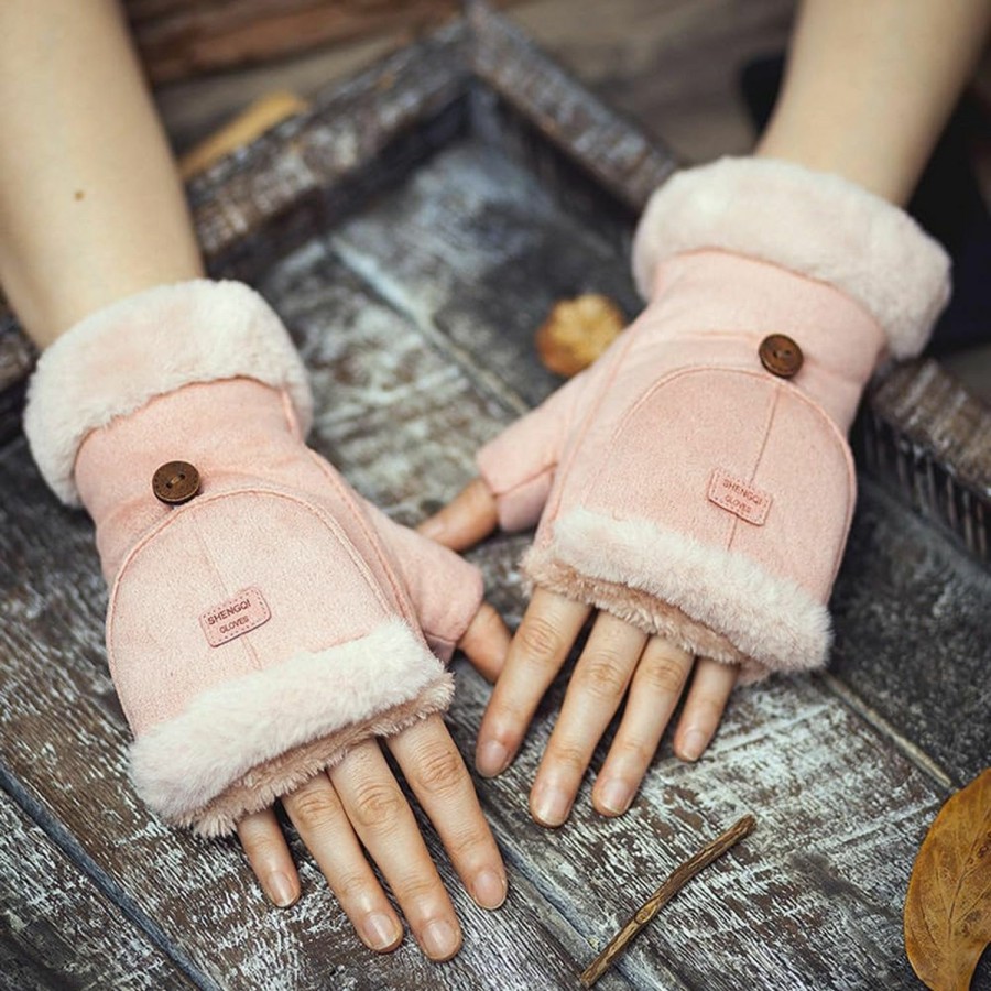 UNICOLD Unicold Winter Fingerless Gloves Thermal Insulation Warm Convertible Mittens Flap Half Finger Cover For Women (Pink) New