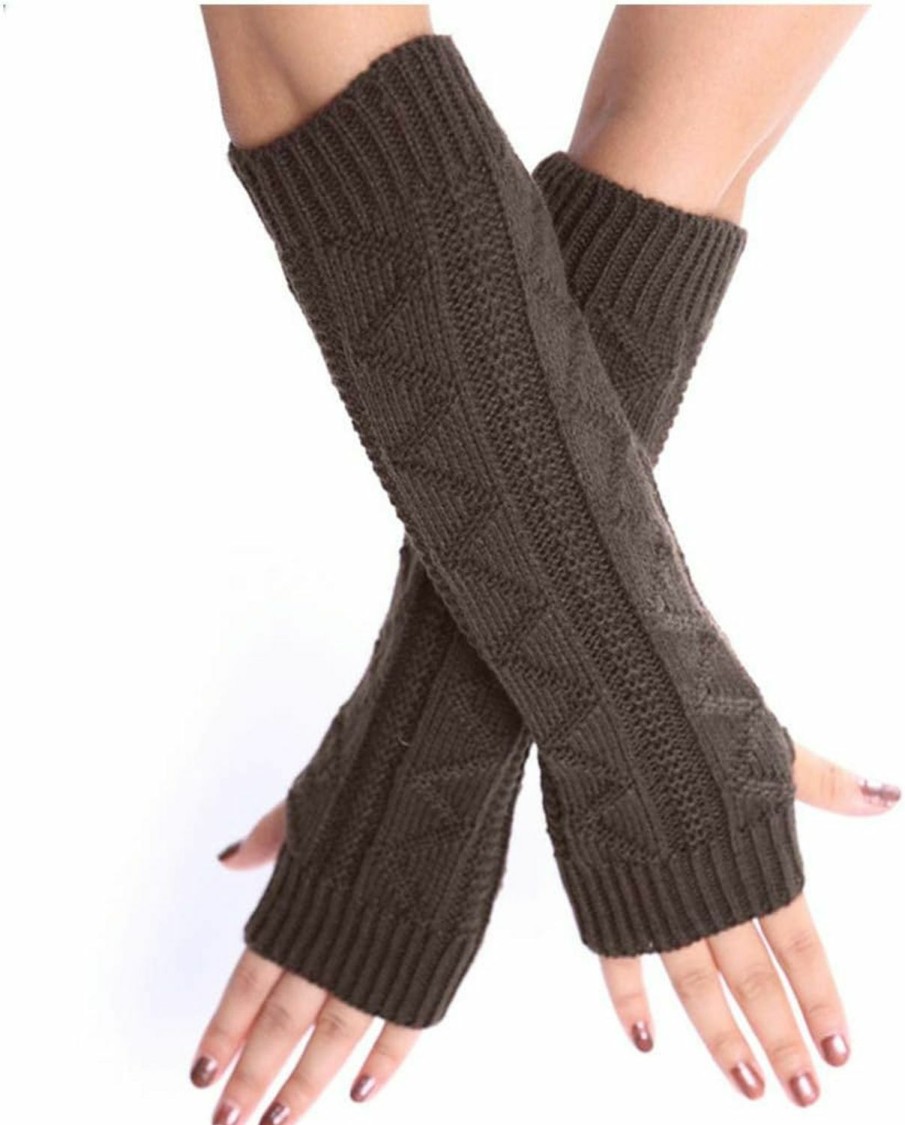 Campsis Campsis Womens Long Fingerless Gloves Knit Brown Winter Warm Aarmers Gloves Crochet Thumbhole Mittens Texting Half Finger Glove For Women And Girls Online