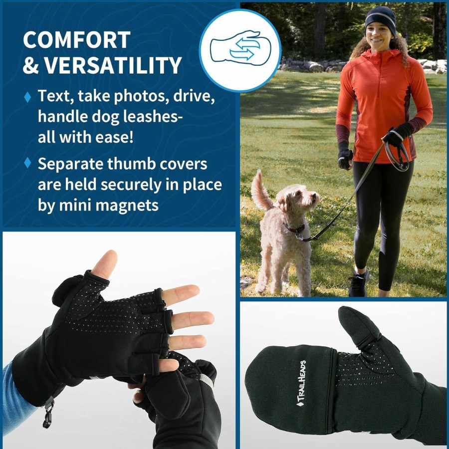 TrailHeads Trailheads Convertible Running Mittens For Women Fingerless Gloves With Reflective Accents Running, Hiking Gloves Black Wholesale