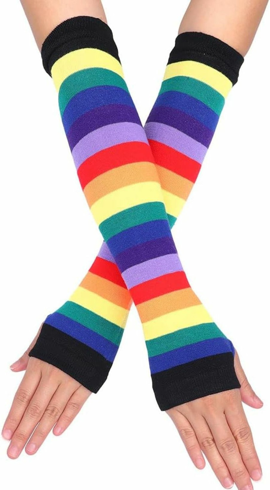 Yikisdy Yikisdy Rainbow Stripe Fingerless Gloves Long Knit Arm Warmers Elastic Lgbt Rainbow Gay Pride Glove Costume For Women And Man Online