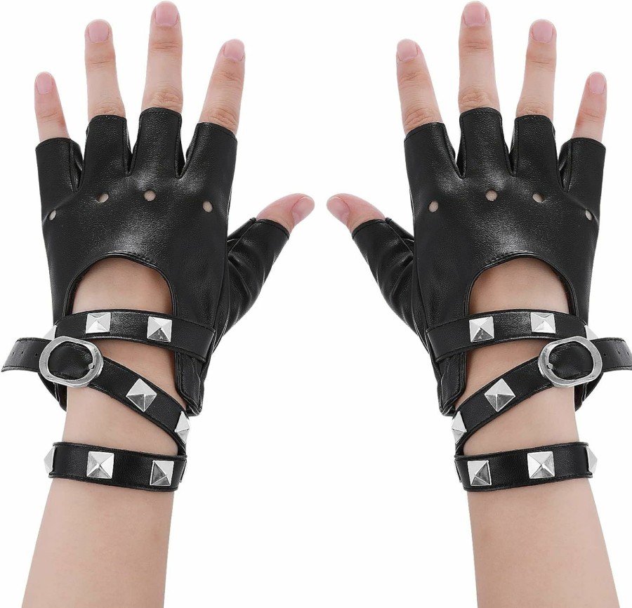 Yolev Yolev Black Leather Punk Gloves Fingerless Gloves Biker Punk Gloves With Belt Up Closure And Rivet Design For Women Teens Girls Hot