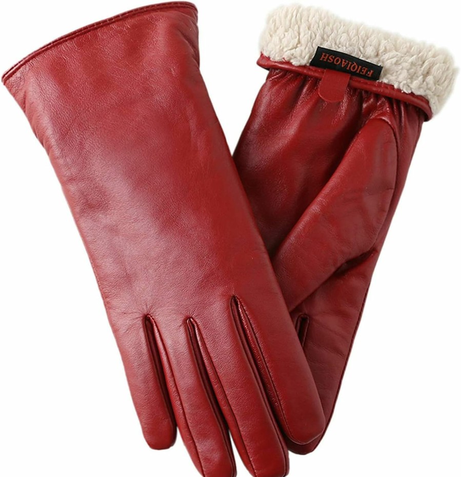 FEIQIAOSH Winter Leather Gloves For Women, Premium Sheepskin Warm Gloves For Cold Weather, Fleece Lining Touch Screen Glove New