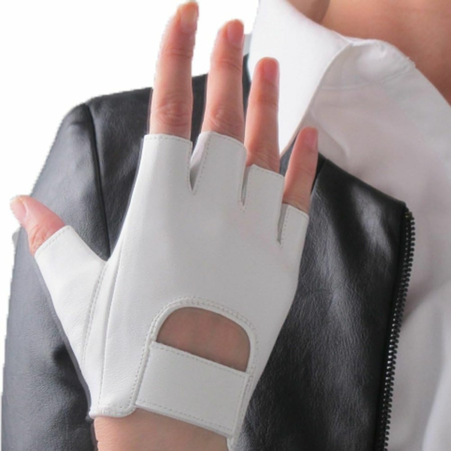 QIN FE Real Leather Fingerless Short Gloves White Lambskin Genuine Sheep Half Finger Online