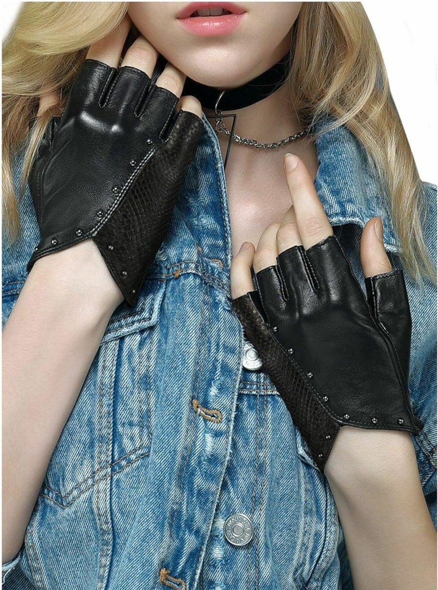 FIORETTO Fioretto Womens Fingerless Leather Gloves Unlined Sheepskin Genuine Leather Half Finger Driving Gloves W180416 Clearance