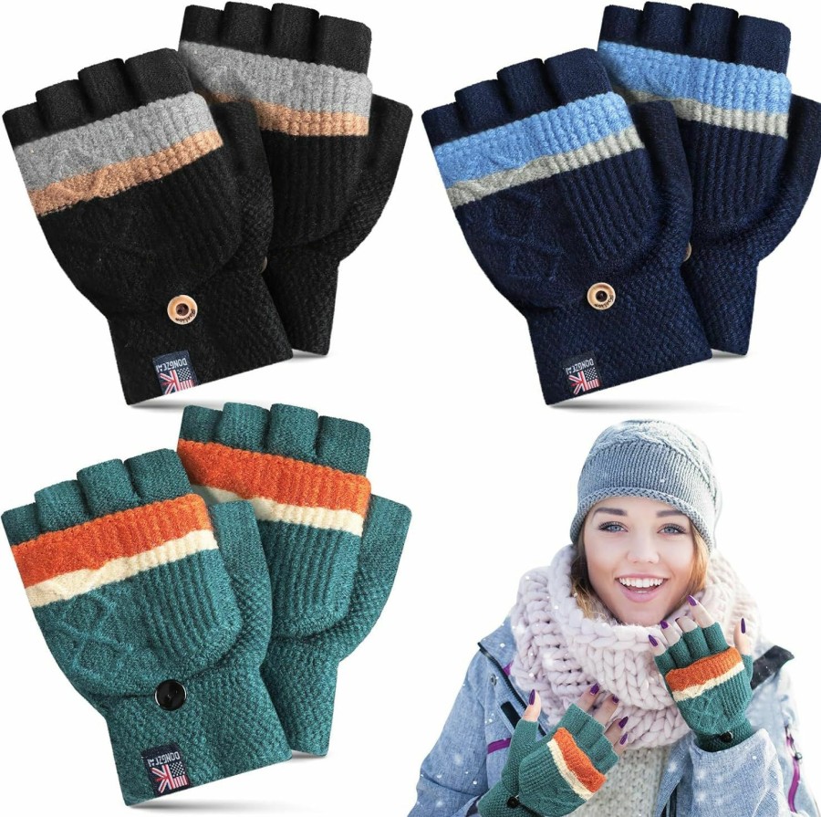 ShinyMatch Shinymatch 3 Pair Thermal Knitted Convertible Mittens For Women And Men Warm Winter Knitted Convertible Fingerless Gloves Hot