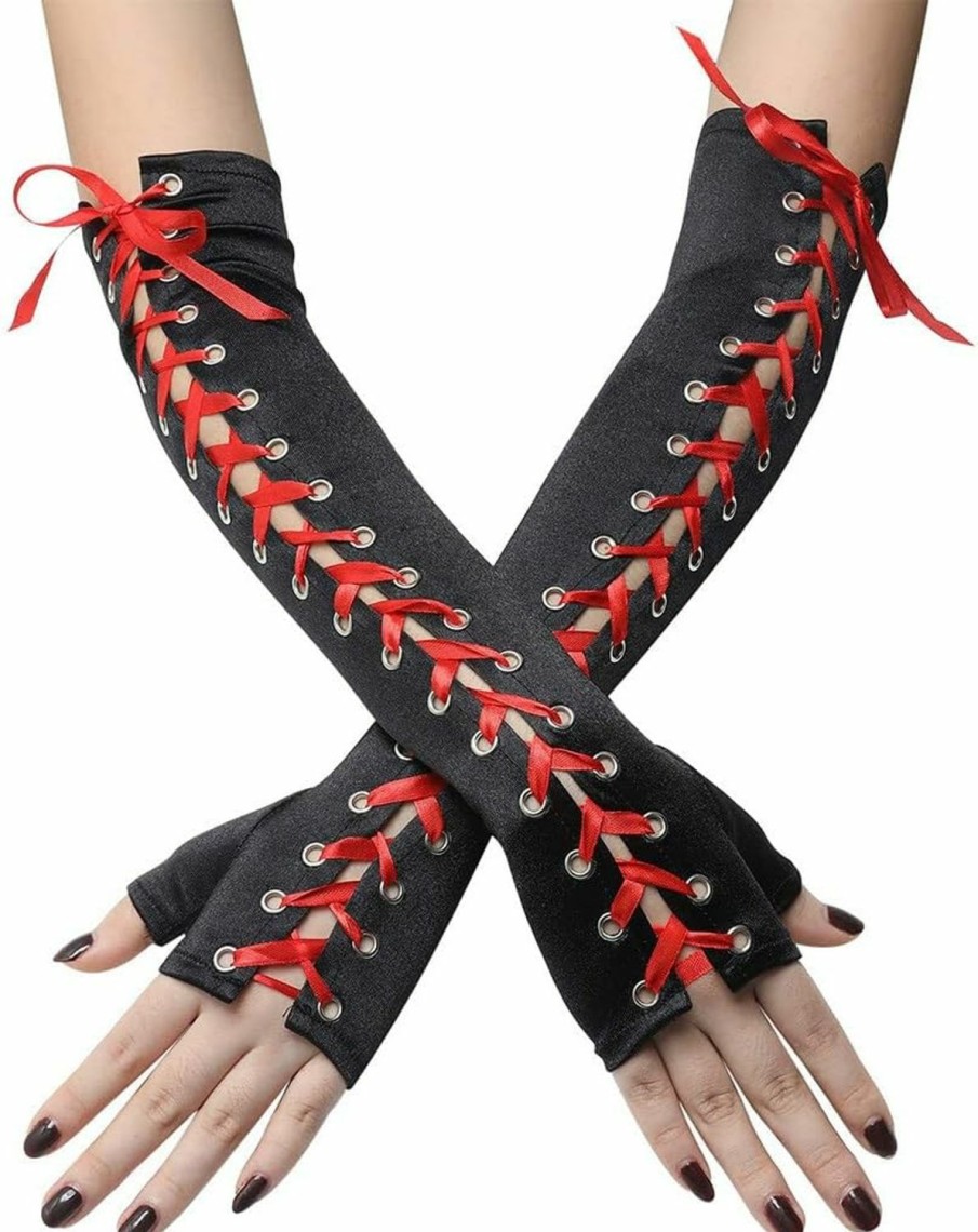 FEOYA Feoya Gothic Fingerless Gloves Steampunk Lace Up Arm Sleeves Long Elbow Arm Warmer For Cosplay Party Clearance