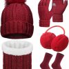 Hicarer 5 Pieces Women Winter Ski Outing Set, Knit Hat Scarf Gloves Earmuffs Stockings Best