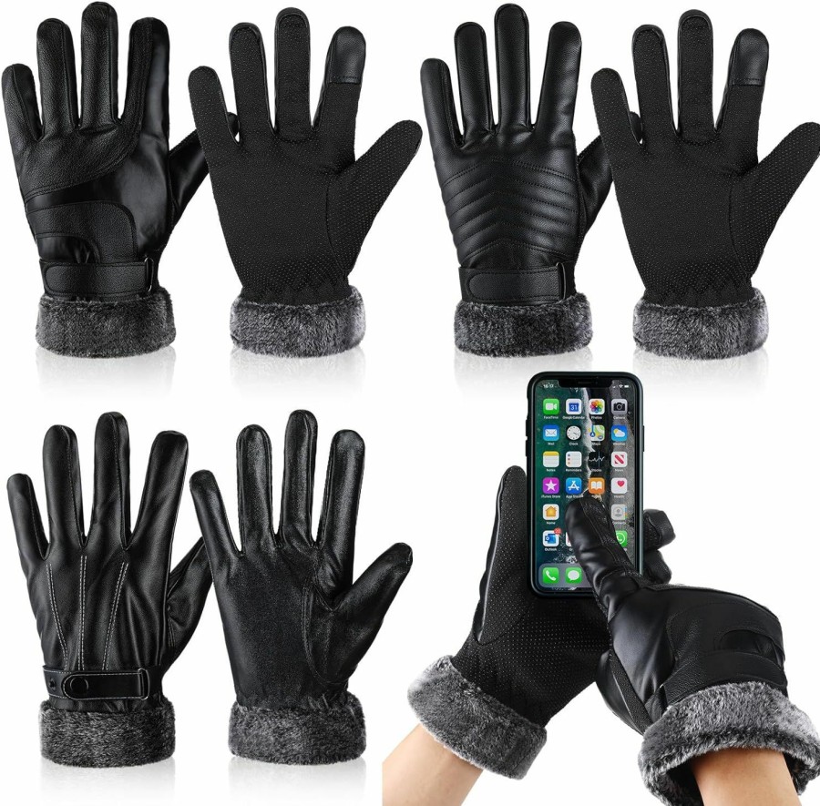 Suhine Suhine 3 Pairs Men Pu Leather Gloves For Winter, Touchscreen Driving Gloves Soft Fleece Lined Motorcycle Gloves For Men Women Cold Weather, 3 Style Hot