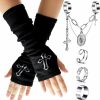 Henoyso Women Goth Arm Sleeve Fingerless Goth Arm Warmers Cool Black Hip Hop Gloves Punk Chain Finger Rings Adjustable Gothic Rings Goth Accessories Y2K Aesthetic Jewelry One Size New