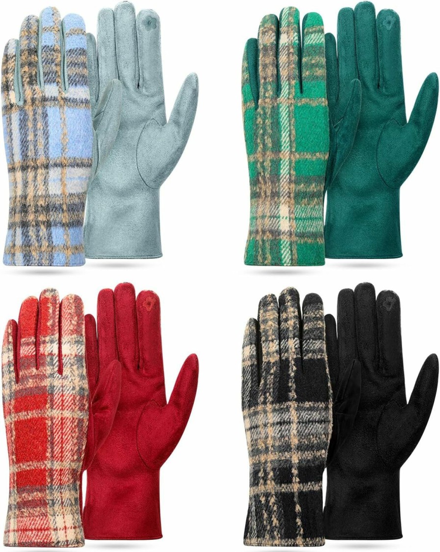 Toulite Toulite 4 Pairs Women'S Winter Gloves Thick Warm Plaid Pattern Gloves Tartan Cold Weather Gloves For Winter Drive Outdoor Wholesale