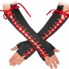 Skeleteen Skeleteen Fingerless Lace Up Gloves - Long Black Costume Elbow Arm Warmer Accessories With Red Satin Laced Tie For Dress Up Hot