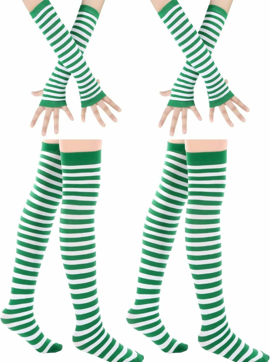 Blulu Blulu St Patrick'S Day Knee High Socks Green Striped Fingerless Gloves Irish Arm Warmers Best