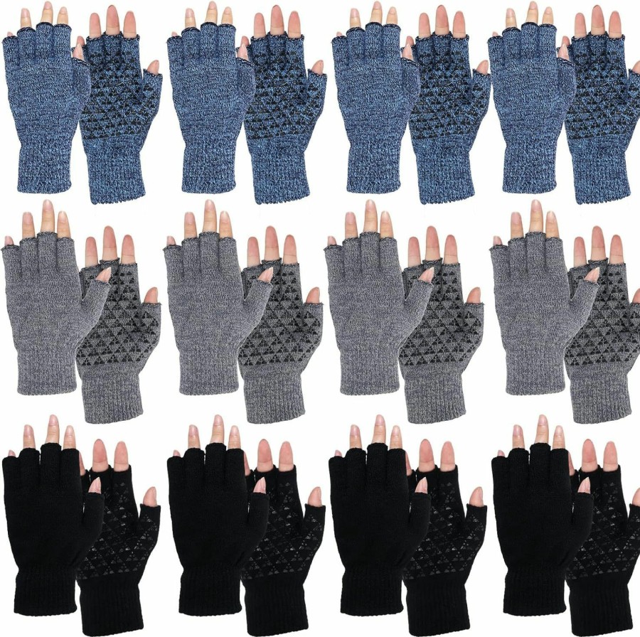 Handepo 12 Pairs Winter Half Fingerless Knit Gloves Stretchy Anti-Slip Gloves Warm Typing Finger Gloves For Men Women, Black Gray And Blue Online