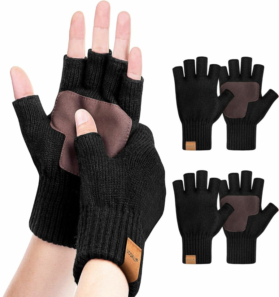 UCQKLI Ucqkli 2 Pairs Winter Fingerless Gloves For Women Men, Gloves For Women Warm Alpaca Wool Stretch Knit Cold Weather, Half Finger Gloves Touchscreen Driving(Black&Black-Medium) New