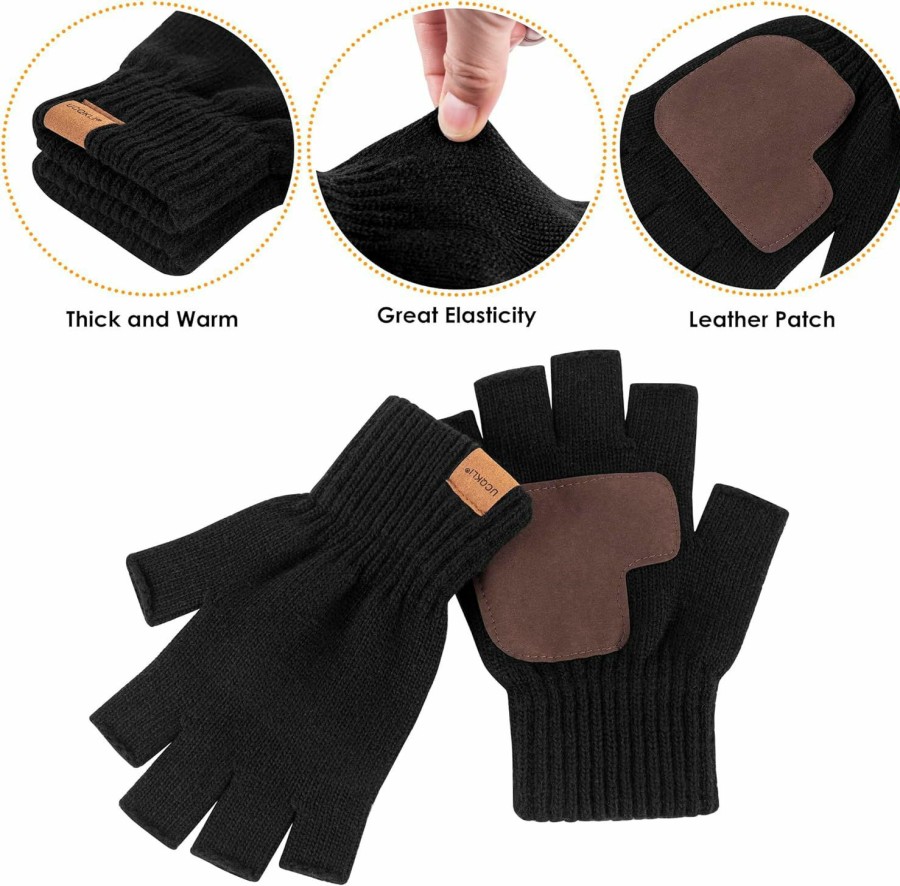 UCQKLI Ucqkli 2 Pairs Winter Fingerless Gloves For Women Men, Gloves For Women Warm Alpaca Wool Stretch Knit Cold Weather, Half Finger Gloves Touchscreen Driving(Black&Black-Medium) New